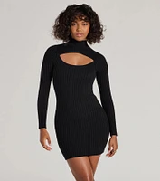 Chic Season Mock Neck Cutout Ribbed Knit Mini Dress