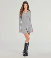 Cozy Prep Collared Long Sleeve Knit Skater Dress