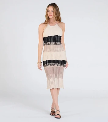 Retro Vision Halter Striped Crochet Midi Dress