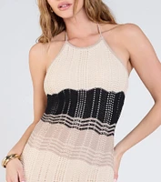 Retro Vision Halter Striped Crochet Midi Dress