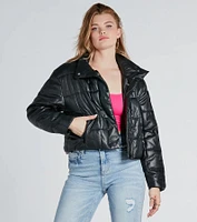 Sleek As Can Be Faux Leather Puffer Jacket