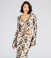 Flirt Alert Flocked Floral Mesh Tie-Front Top