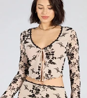 Flirt Alert Flocked Floral Mesh Tie-Front Top
