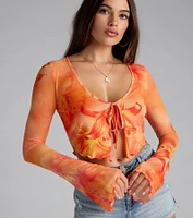 Tropical Daze Tie Front Mesh Crop Top