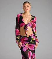 Vacay Queen Tropical Floral Mesh Tie-Front Top