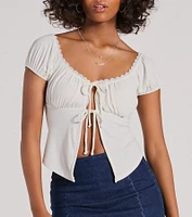 Sultry Example Tie-Front Lace Trim Crop Top