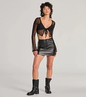 Get The Look Long Sleeve Tie-Front Mesh Top