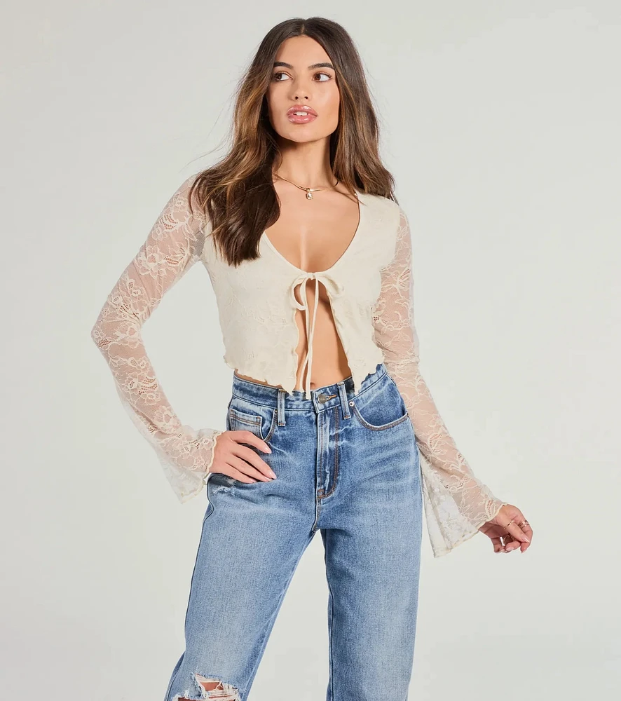 Soft And Sweet Tie-Front Split Lace Crop Top