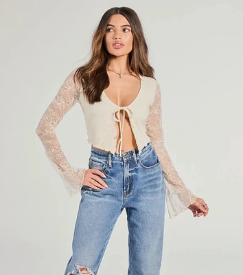 Soft And Sweet Tie-Front Split Lace Crop Top