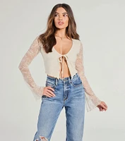 Soft And Sweet Tie-Front Split Lace Crop Top