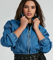 Trendy Destination Denim Bomber Jacket