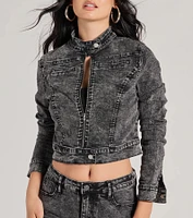 Edgy Arrival Moto Acid Wash Denim Jacket