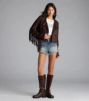 Stylish Out West Faux Suede Fringe Moto Jacket