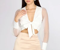 It's A Tie Front Organza Puff Sleeve Crop Top