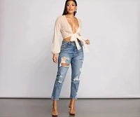 So Chic Tie Front Long Sleeve Crop Top