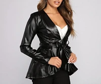 Faux Leather Belted Peplum Blazer