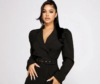 Double Breasted Belted Puff Sleeve Blazer