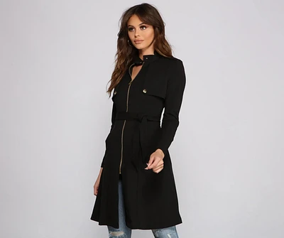 Belted Sophistication Crepe Trench Dress
