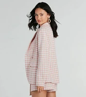 Preppy Beauty Tweed Faux Pearl Button Plaid Blazer