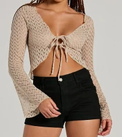 Cabana Honey Tie Front Crochet Crop Sweater
