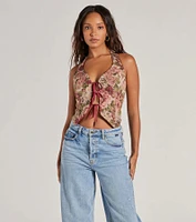 Adore You Floral Tapestry Lace Up Vest