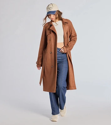 City Style Belted Faux Suede Trench Coat