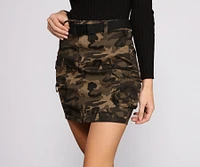 Belted Cargo Camo Print Mini Skirt