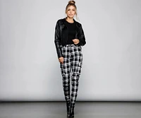 High Waist Plaid Joggers With Chain