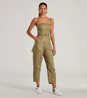 Social Outing Sleeveless Belted Cargo Crop Jumpsuit