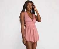Sleeveless V Neck Waist Cut Out Gauze Knit Romper