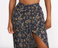 Ditsy Floral Ruched High Slit Maxi Skirt