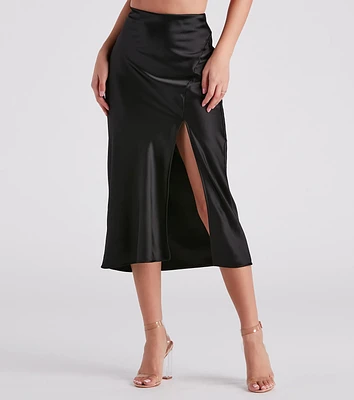 Scene Stealer High Slit Satin Midi Skirt