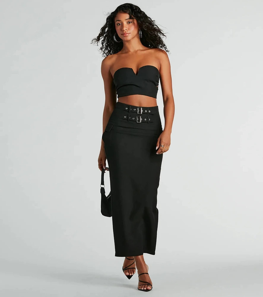 Major Baddie High Waist Belted Woven Maxi Skirt