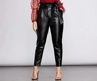 Paper Bag Tie Waist PU Tapered Pants
