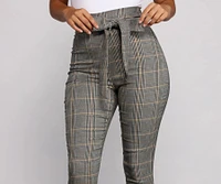 Poised Plaid Tie Waist Skinny Pants