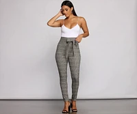 Poised Plaid Tie Waist Skinny Pants