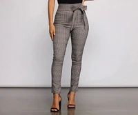 Poised Plaid Tie Waist Skinny Pants