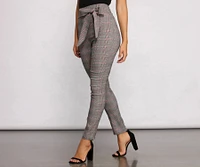 Poised Plaid Tie Waist Skinny Pants