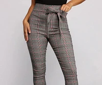 Poised Plaid Tie Waist Skinny Pants