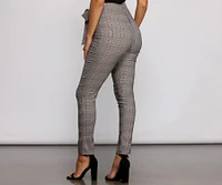 Poised Plaid Tie Waist Skinny Pants