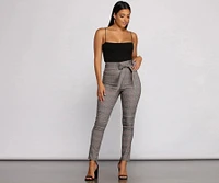 Poised Plaid Tie Waist Skinny Pants