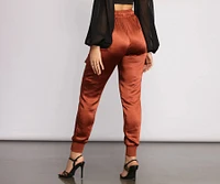 High Waist Satin Cargo Joggers