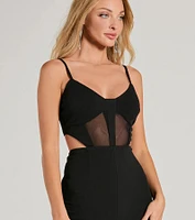 Chic Position Cutout Mesh Crepe Wide-Leg Jumpsuit