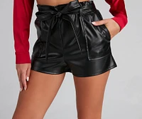 Faux Leather Paper Bag Tie Waist Shorts