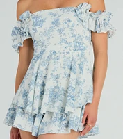Pretty Girl Ruffled Off-The-Shoulder Scenic Print Romper