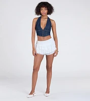 For The Frills Mid-Rise Eyelet Ruffle Shorts