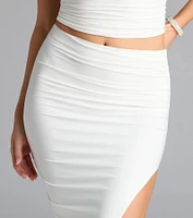 Flirty Ways Ruched High Slit Midi Skirt