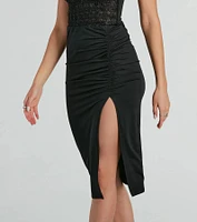 Total Slay Ruched Slit Knit Midi Skirt