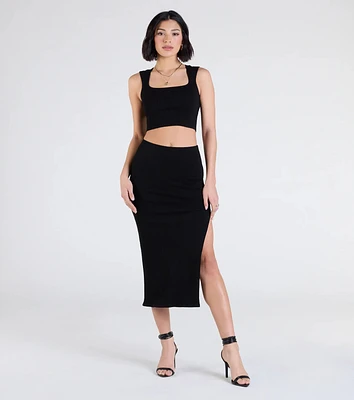 Elevated Era Ribbed Knit High Slit Midi Skirt