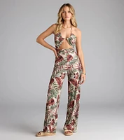 Vacay Mood Tropical Print Halter Cutout Jumpsuit